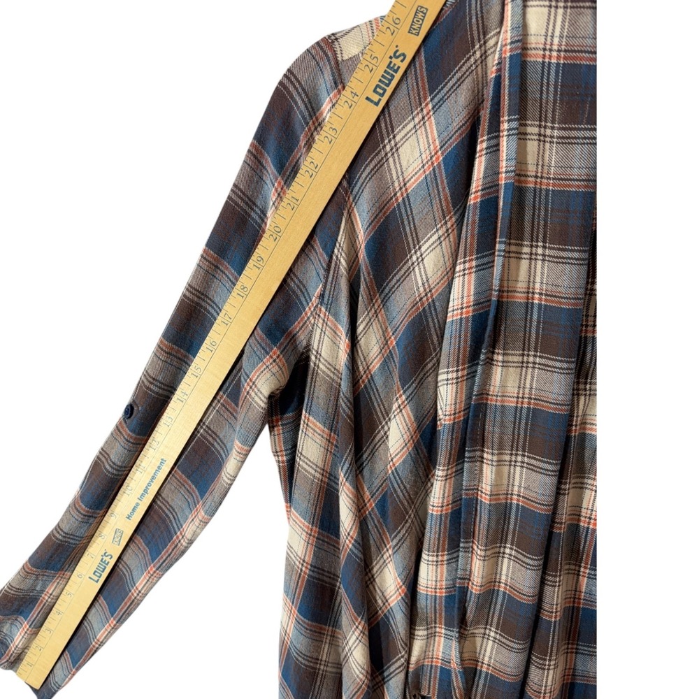 En Creme Medium Plaid Fringe Cardigan Waterfall Kimono Blue Cream Boho Western - Picture 10 of 11